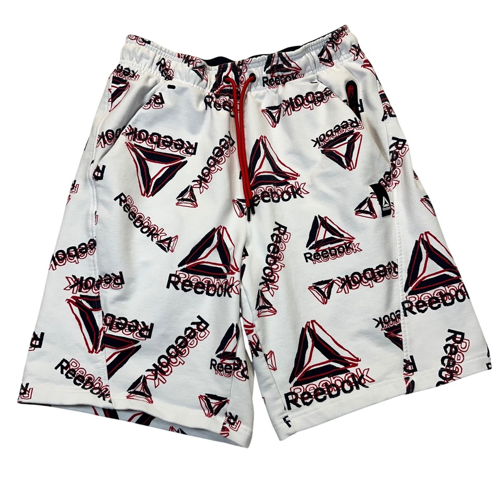 Reebok Mens All Over Print Athletic Shorts‎ White Red Black Logo Size M
